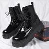 Fashion 2025 New Men Black Patent Leather British Style Motorcycle Boot Couple Outdoors High Top Leather Waterproof Casual Leather Boots