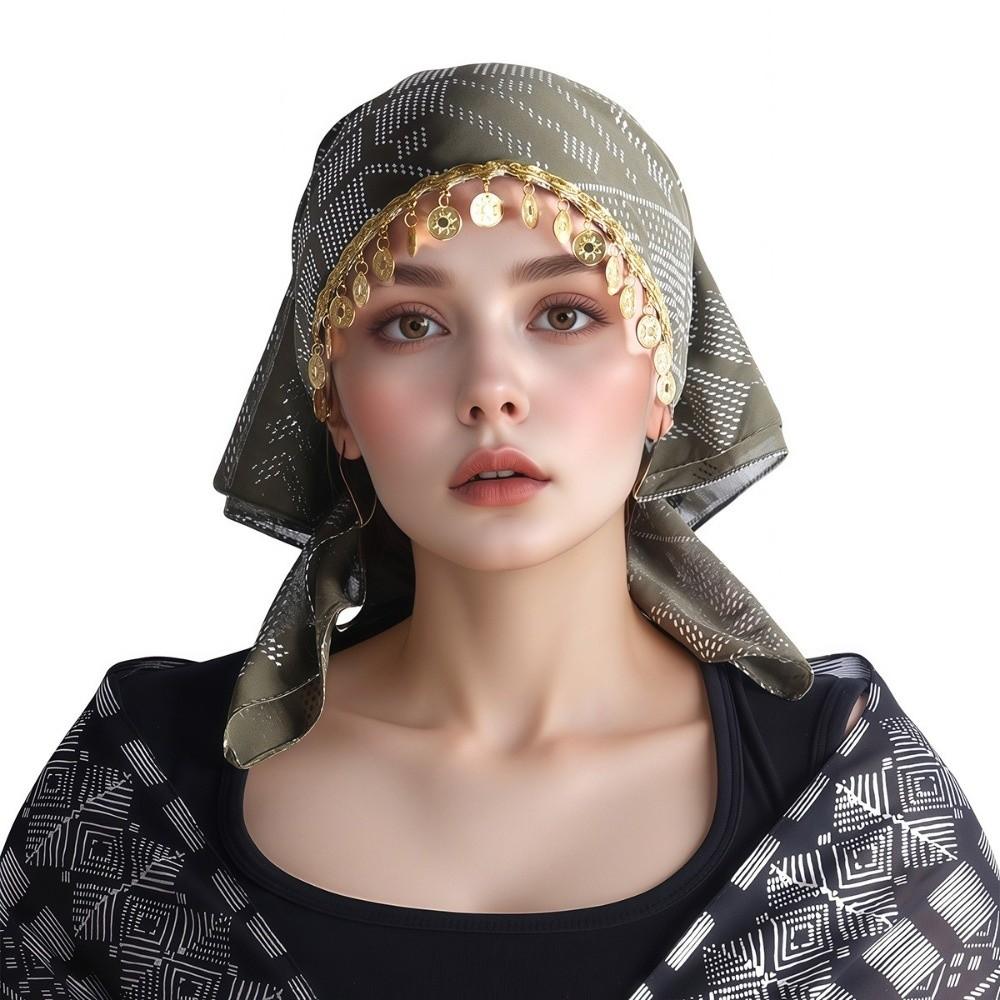 Floral Print Golden Beaded Hijab Breathable Elegant Turban Hat Fashion Triangle Headscarf Eid Gift