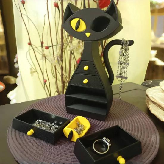 Black Cat Shaped Jewelry Box 3D Printed Cat Jewelry Organizer with 6 Drawers for Necklaces Bracelets Earrings Rings