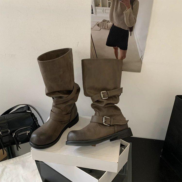 2025 Autumn and Winter New Korean Version Wide Tube Leather Thick Sole High Short Tube Two-wear Boots Women's Pile Boots Women's Knight Boots