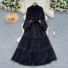 Retro court style lantern sleeve dress women's summer hollow crochet single-breasted light mature temperament royal sister long skirt