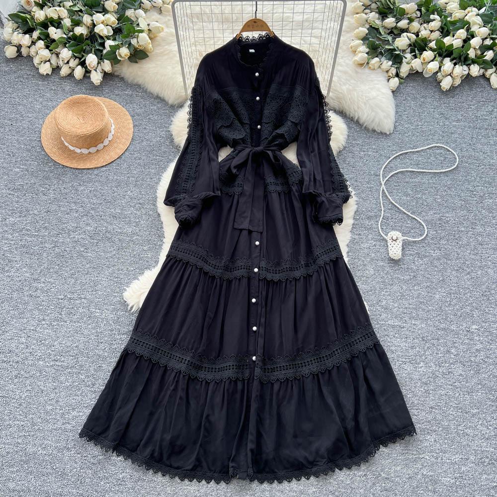 Retro court style lantern sleeve dress women's summer hollow crochet single-breasted light mature temperament royal sister long skirt