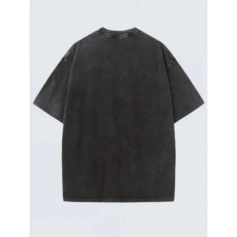 European Size Men'S Vintage Washed Black Loose T-Shirt - Religious Hand Painted Cross Soft Crew Neck Short Sleeve Casual Christian Pattern T-Shirt