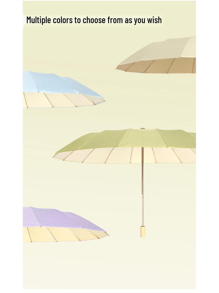 16-Rib Colorful Folding Umbrella for Women - Large, UV Protection, Sun/Rain Use 