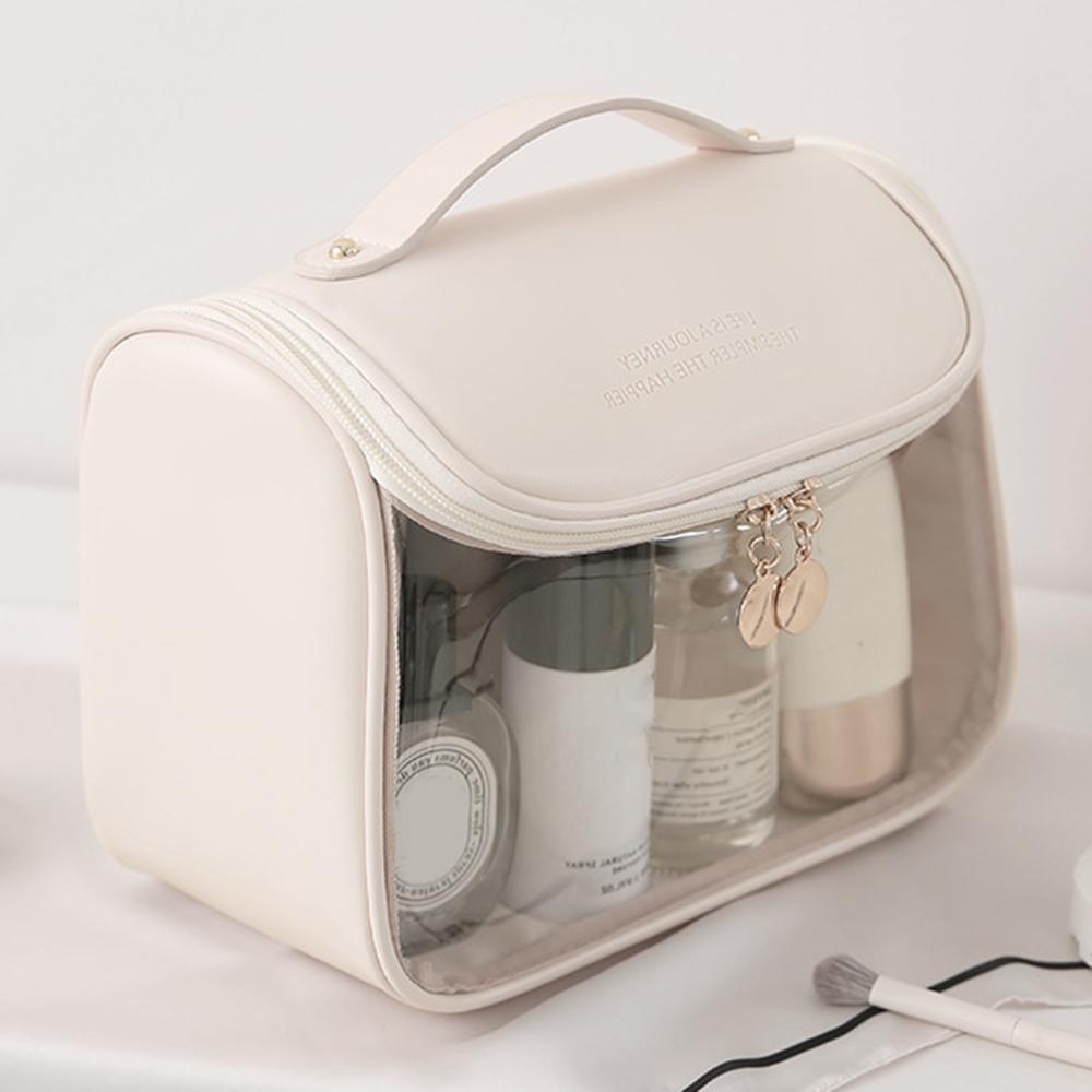 HK8297 Waterproof Clear Design Makeup Bag Large Capacity Cosmetic Bag PU Leather+PVC Travel Toiletry Organizer with Portable Handle Strap