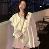 Double Layered Ruffled Women's Shirt Peter Pan Collar Lantern Sleeves Bow Tie Blouse Spring New Version Loose Casual Female Top