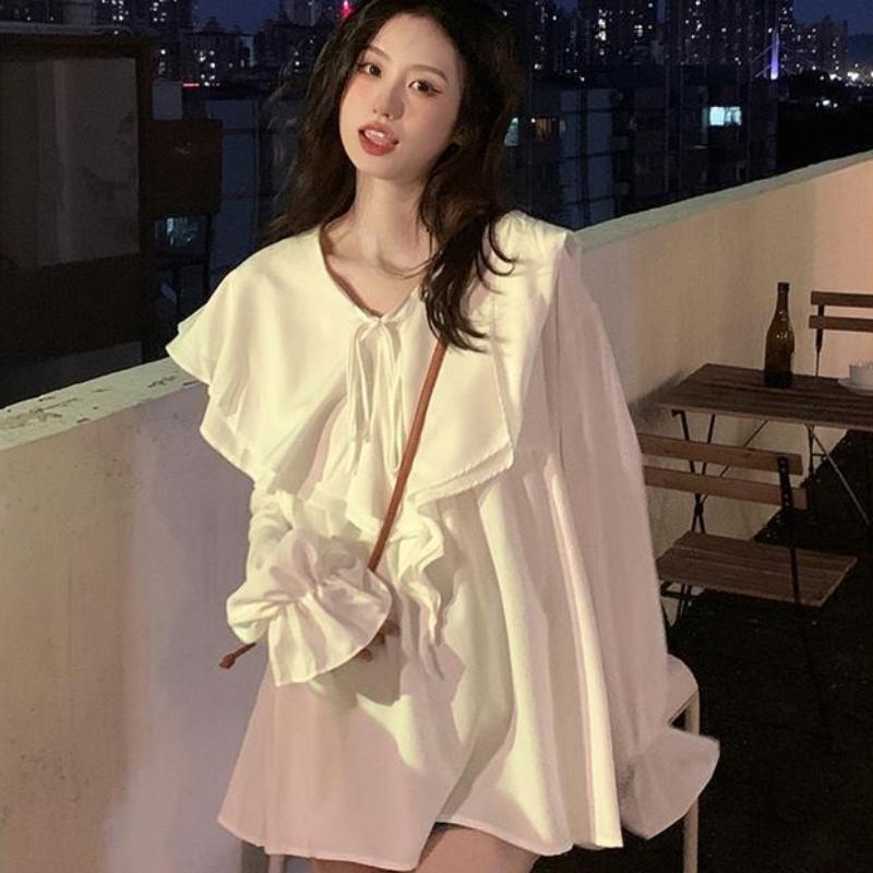 Double Layered Ruffled Women s Shirt Peter Pan Collar Lantern Sleeves Bow Tie Blouse Spring New Version Loose Casual Female Top M