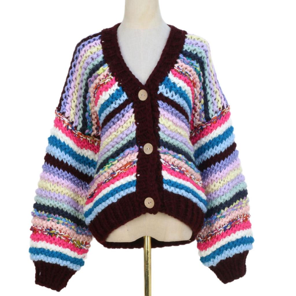 Women's Rainbow Color Block V-neck Cardigan - Loose, Single-Breasted, Long-Sleeve for Autumn/Winter