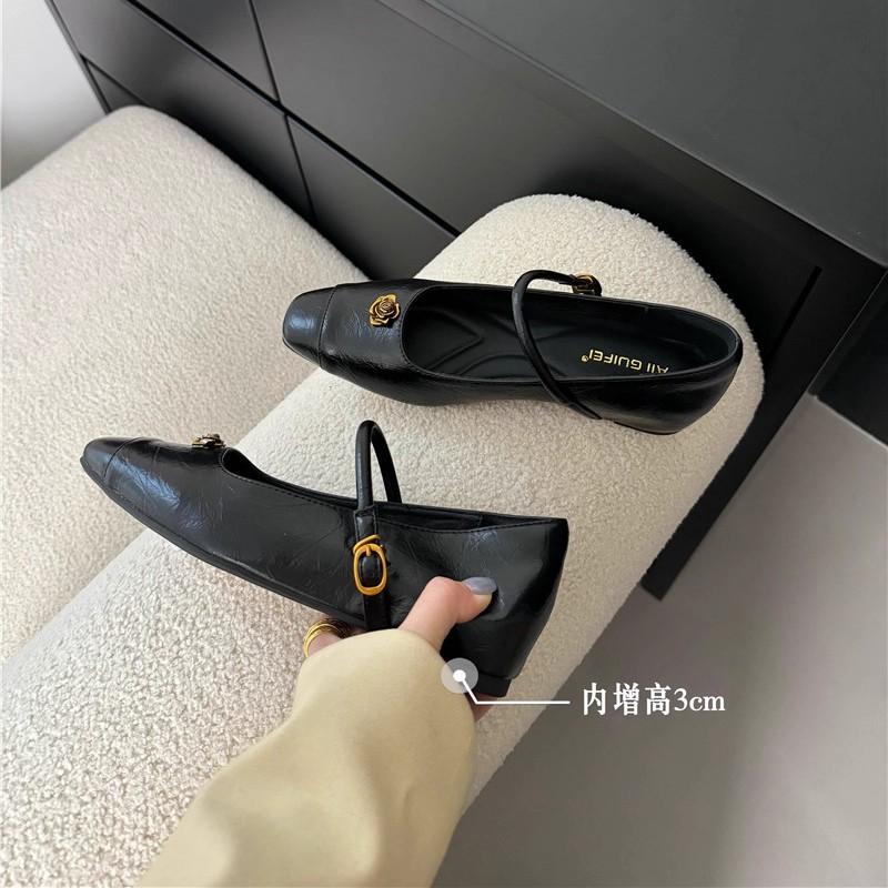 Inner Height Increase Small Fragrant Wind Single Shoes Women's 2025 Spring New Square Head Small Leather Shoes One-word Buckle Camellia Mary Jane Sho