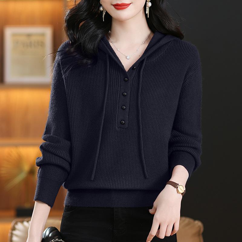 Spring and Autumn Hooded Women's Knitted Loose Tops, Women's Commuter Hooded Sweaters, All-match Hoodies