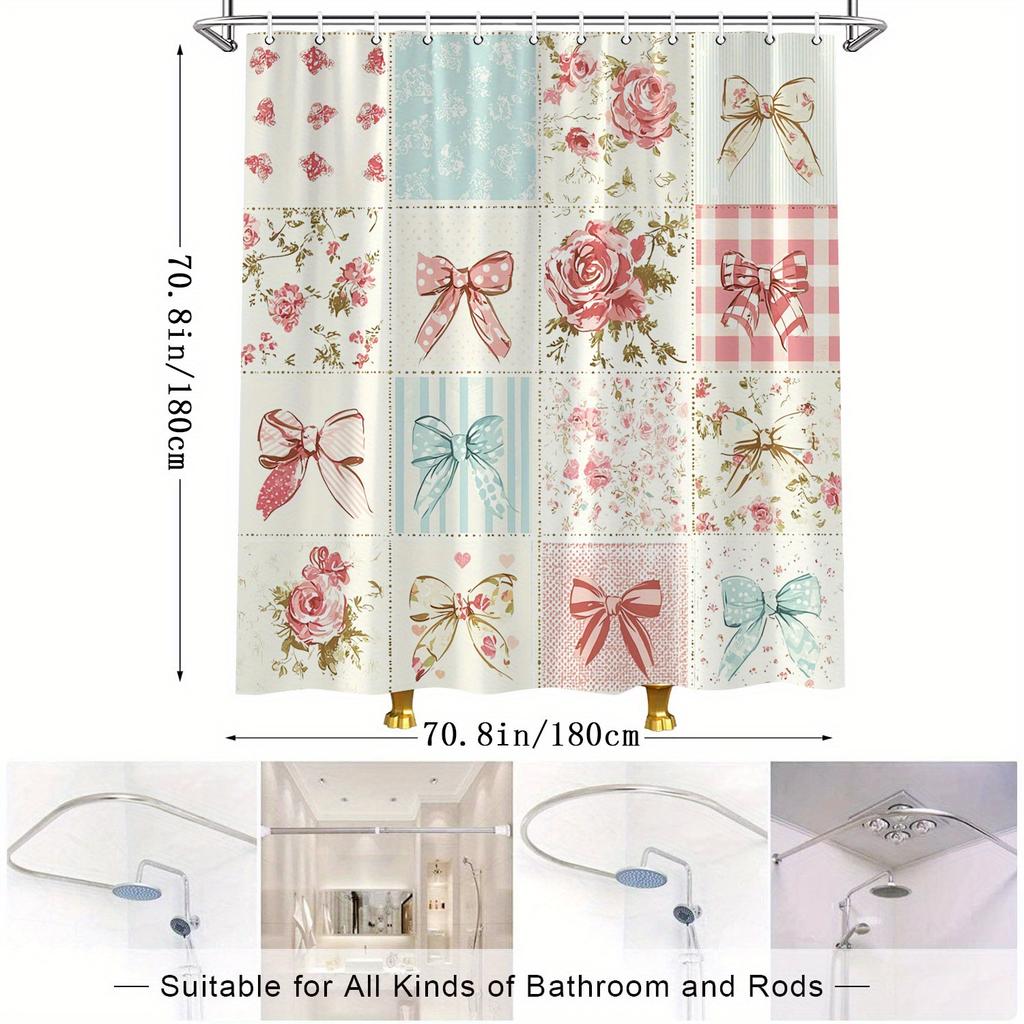 Charmant Pink und Blau Floral Patchwork Wasserdichter Duschvorhang – Perfekt zum Hinzufügen einer weichen und romantischen Note zu