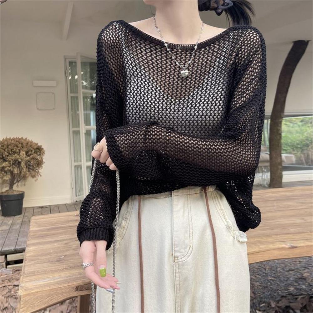 Wide Truffle Back Pearl Chain Long Sleeved Hollow Knit Sweater Autumn Korean Version Ice Silk Sunscreen Shirt Top for Women