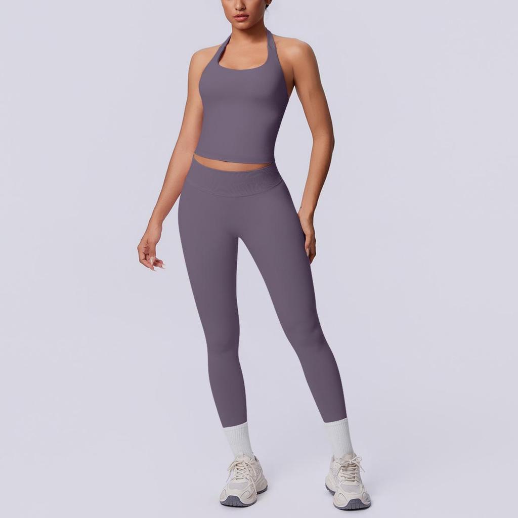Seamless Solid Color Halter Backless Bodycon Yoga & Running Set