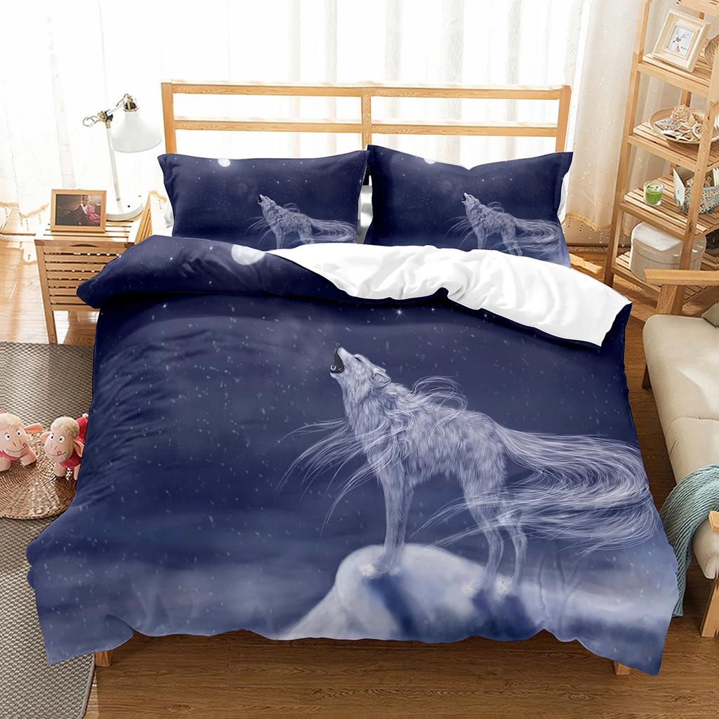 Boys Wolf Duvet Cover Set Queen Size, Boho Wolf Wildlife Forest King Animal Bedding Set Polyester Quilt Cover With Pillowcase