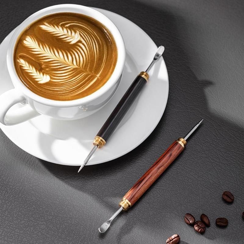 Wooden Handle Stainless Steel Tip Coffee Latte Art Pen for Professional and Beginner Baristas Creating Intricate Designs