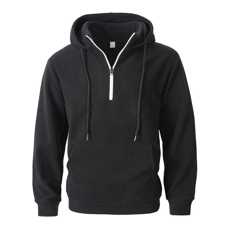 Men's Thick Hooded Sweatshirt, Stand Collar Half-Zip, Long Sleeve, Autumn/Winter, European Size, Casual Style.