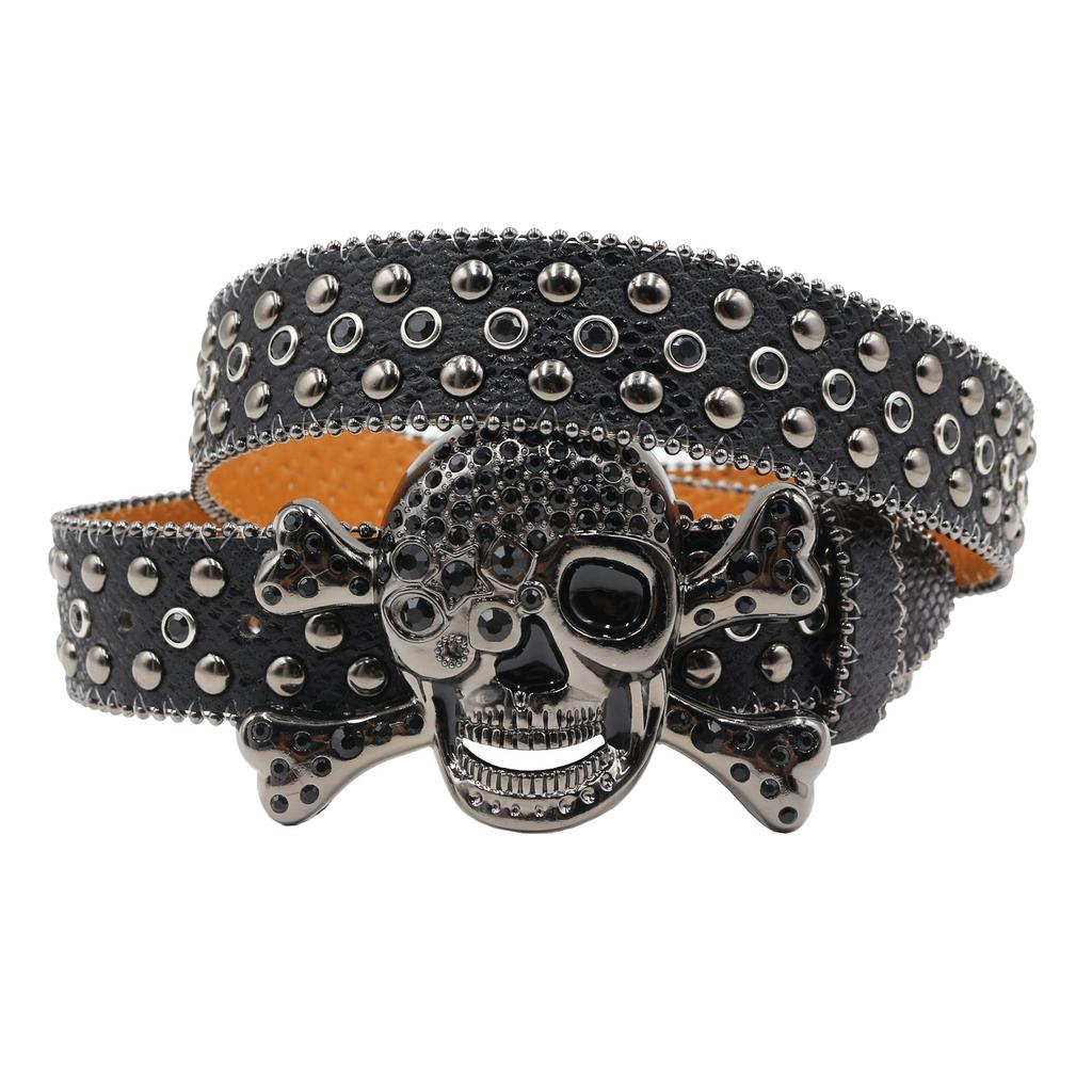 Snake Pattern Diamond Skull Belt Pin Buckle Retro Rhinestone Men and Women Denim Belt Fashion Hip-hop Punk Outfit