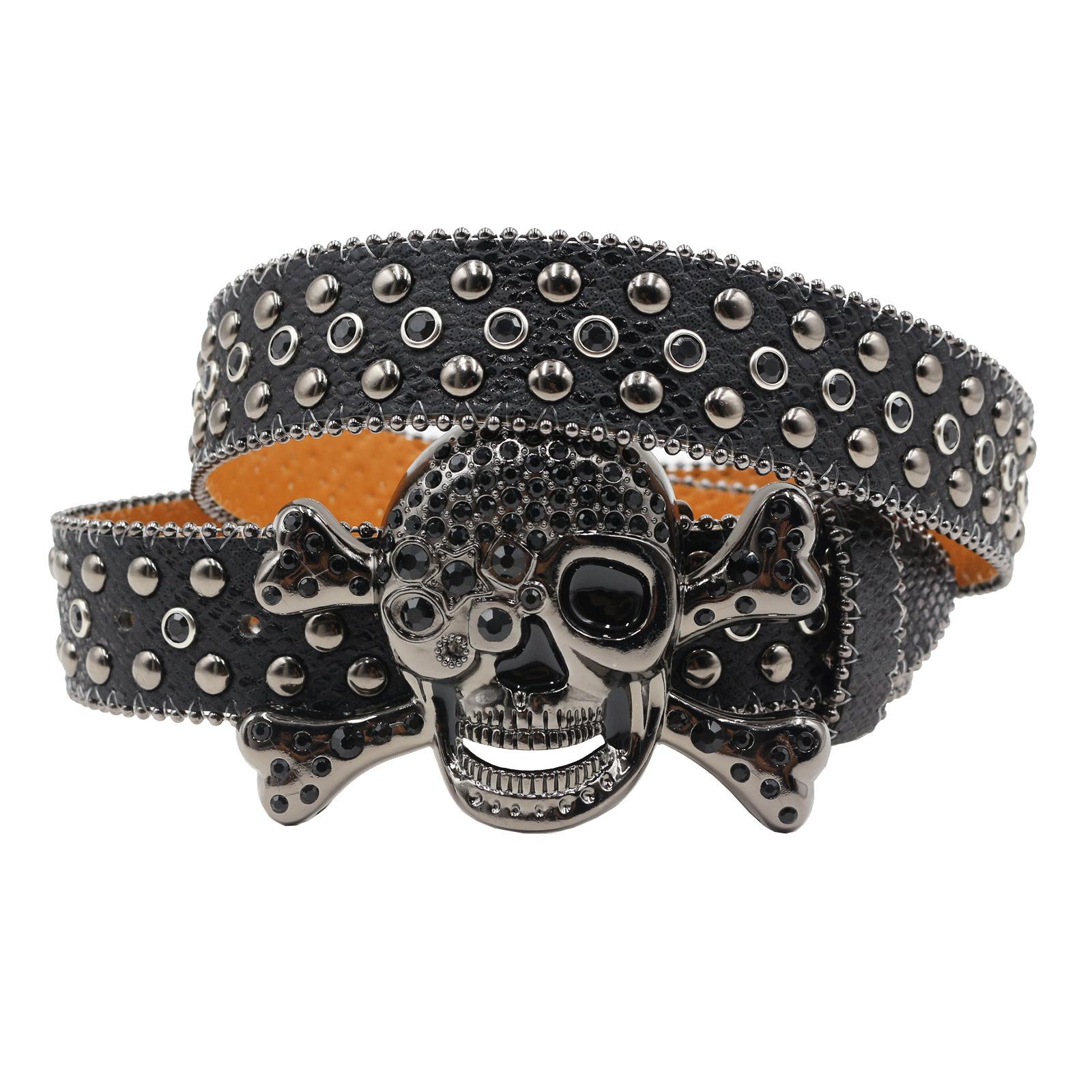 

Snake Pattern Diamond Skull Belt Pin Buckle Retro Rhinestone Men and Women Denim Belt Fashion Hip-hop Punk Outfit 125cm