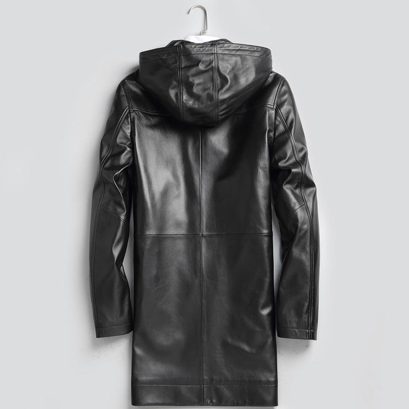 Sheepskin Genuine Leather Jacket Men's Spring and Autumn Mid-Length Hooded Windbreaker Black Business Slim Jacket