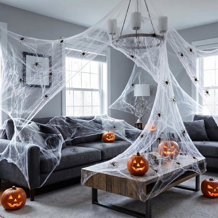 Toile d'araignée Halloween - AIMOONSA - Toile d'araignée 100 g - 40 araignées - Blanc - Intérieur/extérieur