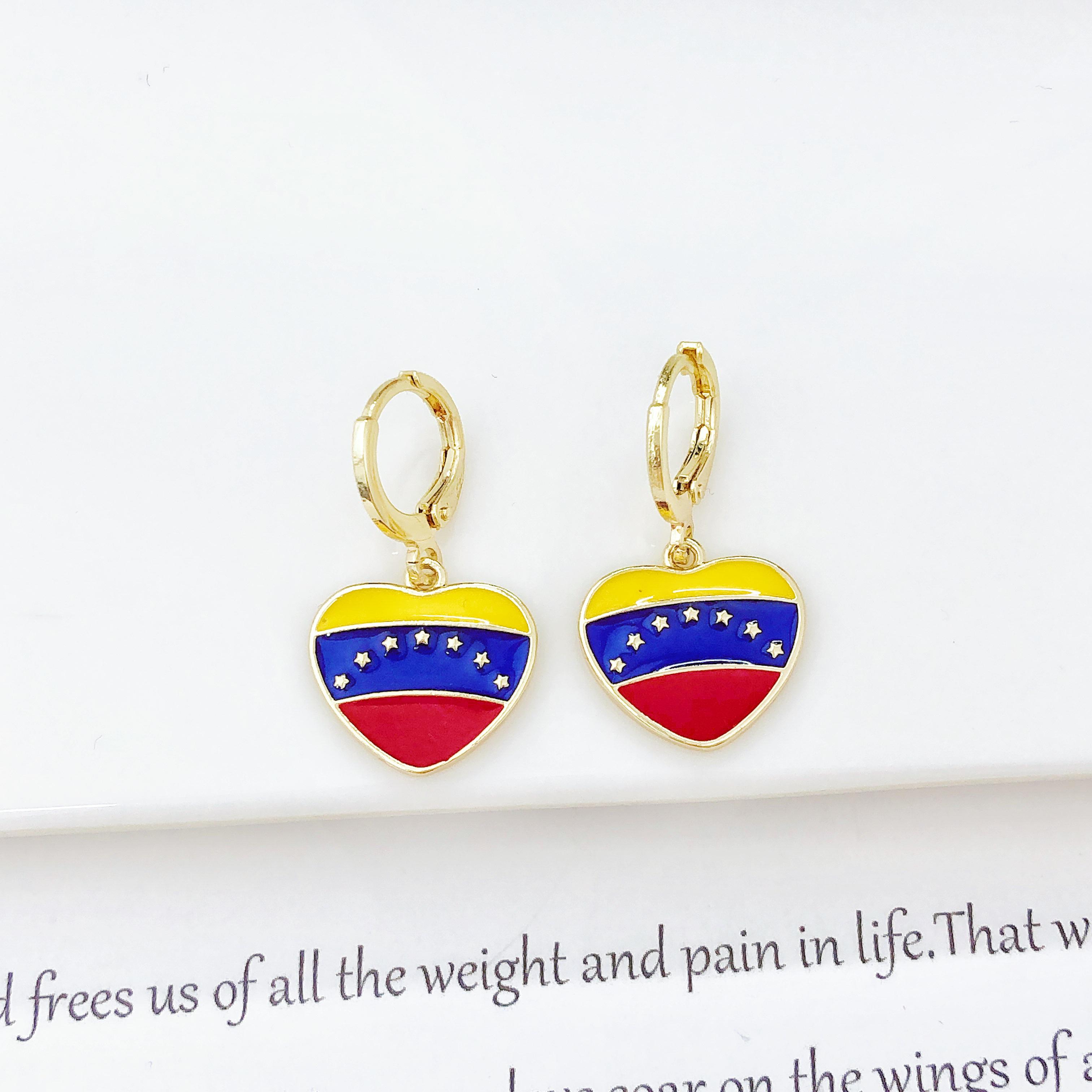 

New Trendy Venezuela Country Flag Earrings Gold Plated Heart Guitar Parrot Drop Earrings for Women Daily Party Patriotic Gift
