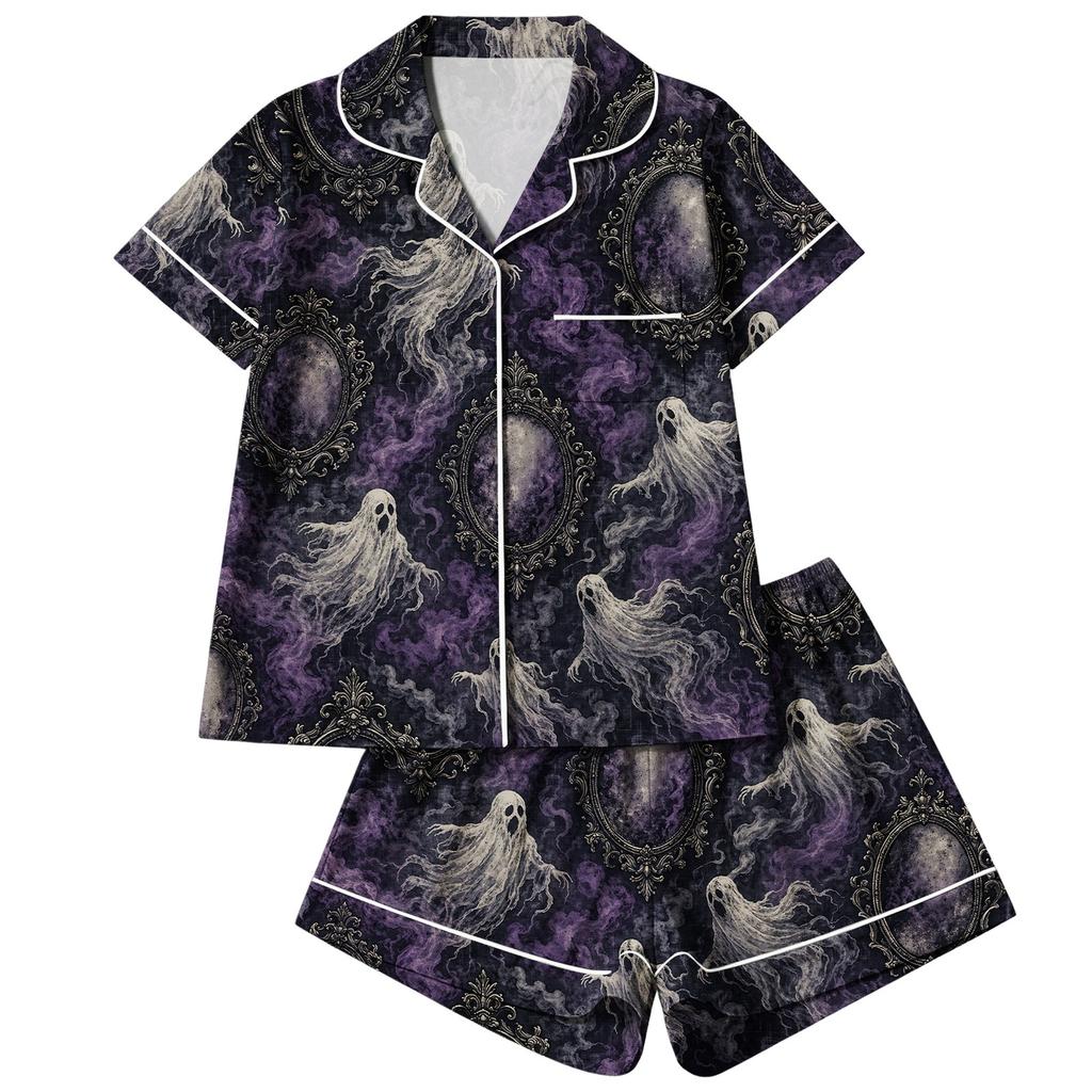 Damen 2-teiliges Pyjama-Set mit kurzärmeligem Knopfleisten-Oberteil und Shorts, weiche bequeme Nachtwäsche für Feiertage und Freizeit