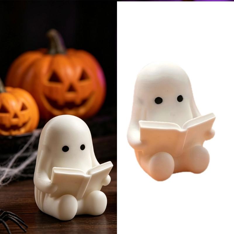Cute Desk Decors Miniature Ghostly Reading Book Figurine, 3D Printed Halloween Accent for Shelf, Tabletop, Coffee Corner, and Home