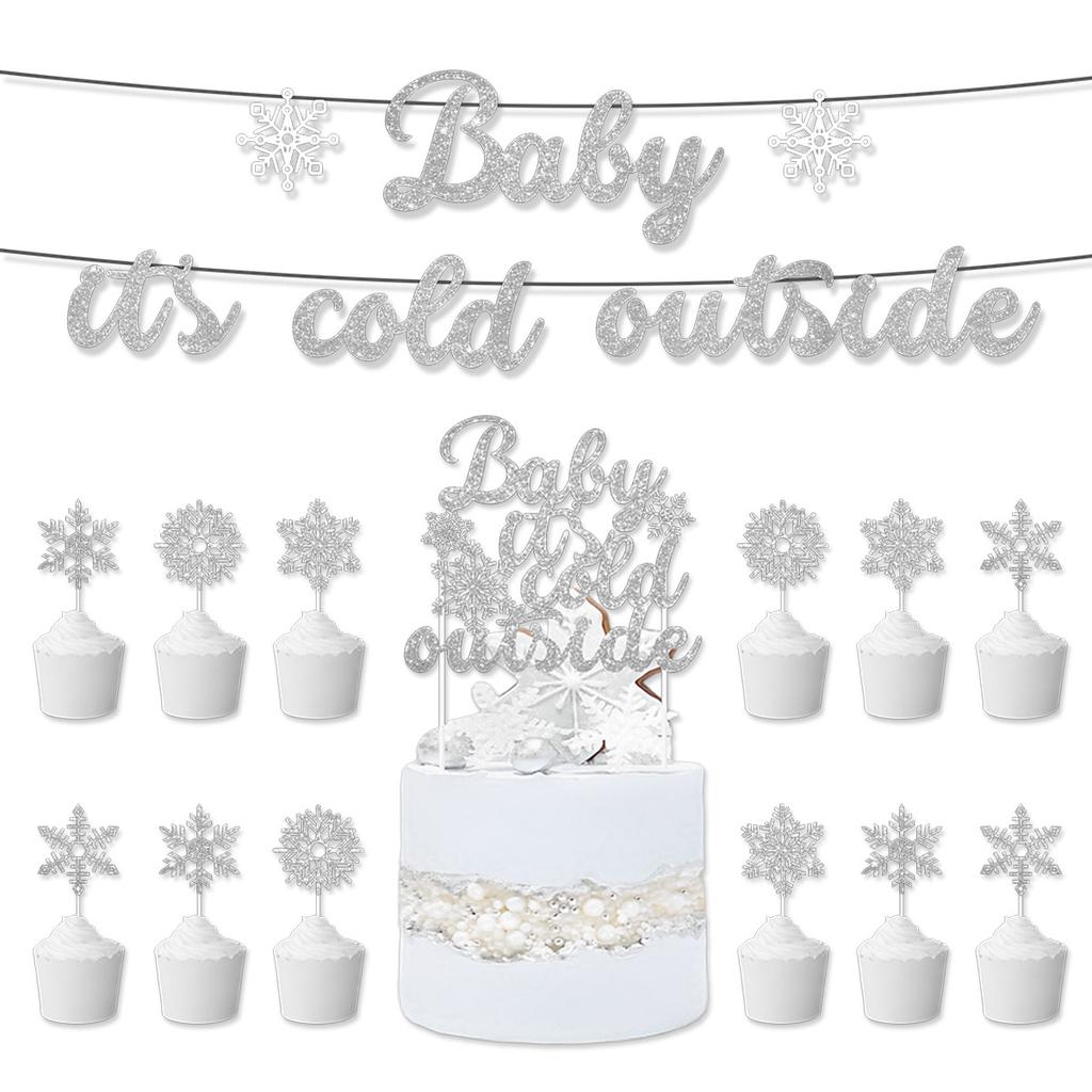 Winter Christmas Baby Party Theme Decoration Snowflake Flag Cake Card Set Customization