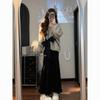 2026 Spring Grey Sweater & High-Waist Skirt Set with Tie-Up Bow Design