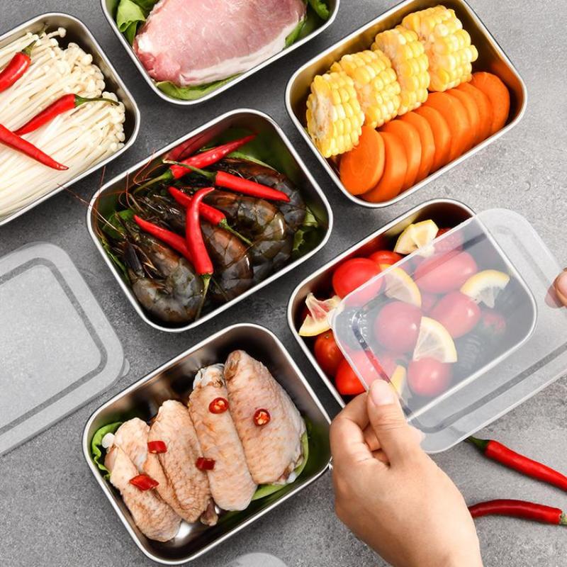Stainless Steel Refrigerator Food Storage Box With Plastic Lid Prepare Food Freshness Preservation Box Picnic Box