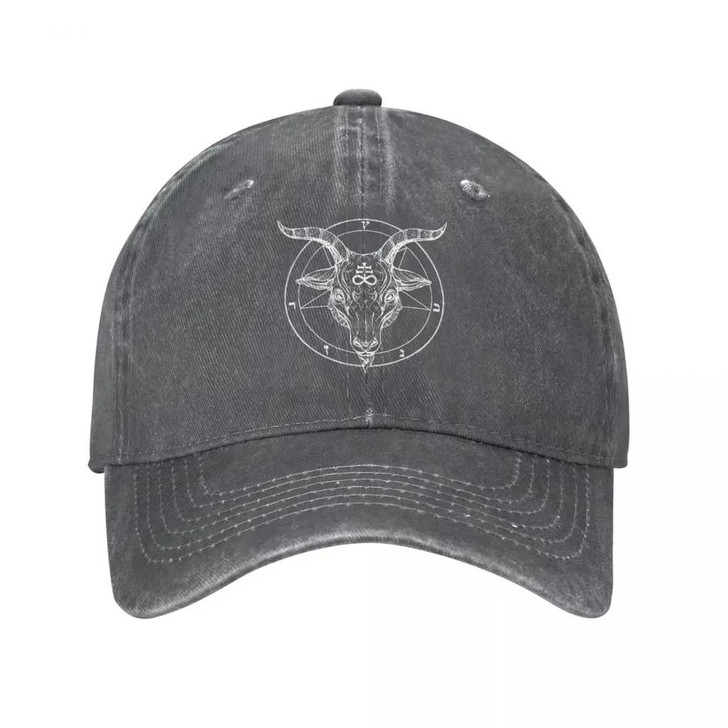 Baphomet Tête de Bouc Pentagramme Casquettes de Baseball Vintage Denim Usé Lavé Couvre-chef Unisexe Femmes Chapeaux de Casquette pour la Course en Plein air le Golf