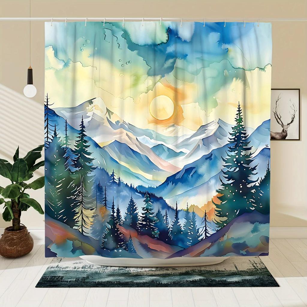 Elegant Watercolor Mountains and Sun Waterproof Shower Curtain – Perfect for Adding a Serene and Nature-Inspired Touch