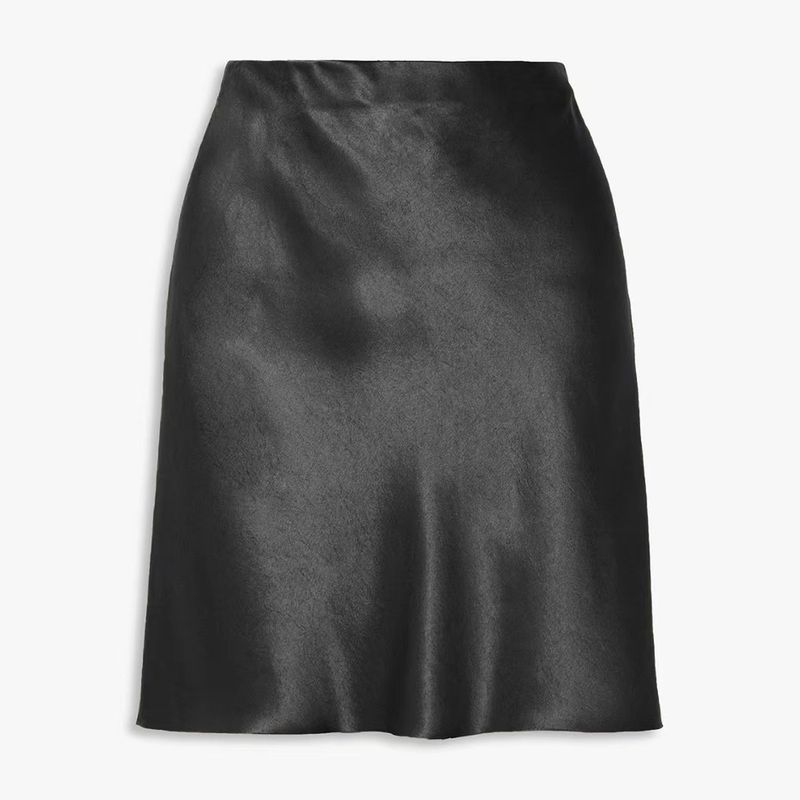 

Fashion Style New Satin Elastic Waist Skirt Pure Color A- line Skirt Solid Color Satin Skirt Black XL
