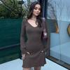 Summer New Solid Color Fashion Long-sleeved Waist Dress