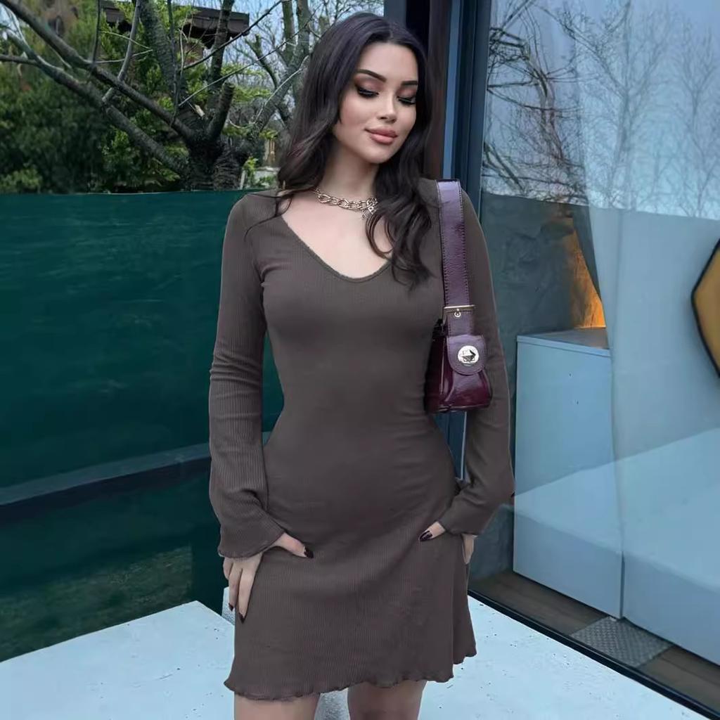 Summer New Solid Color Fashion Long-sleeved Waist Dress