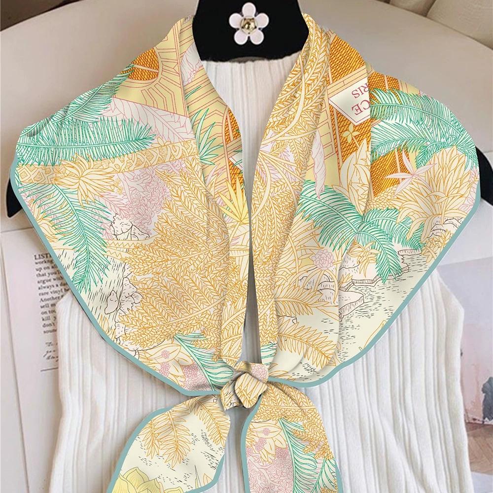 Women Autumn Thin Triangle Twill Scarf Shawl Hijabs Luxury Plant Printing Bandana Foulard Neckerchief For Ladies