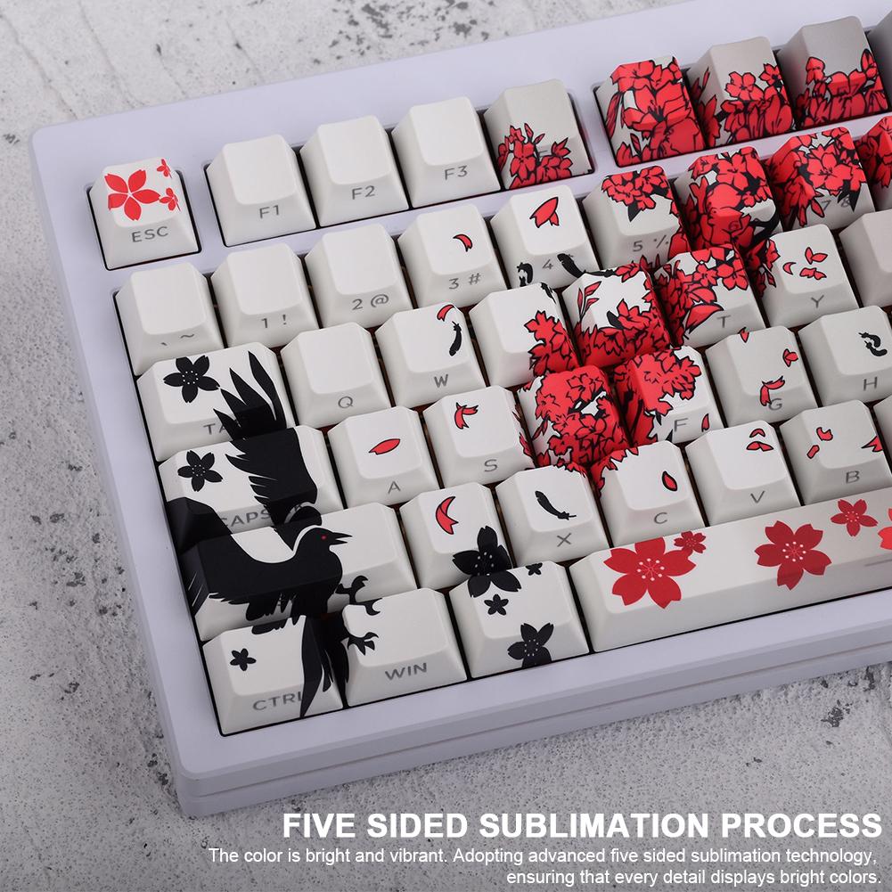 129 Key Raven Sakura Keycap Set Dye Sub Keycaps PBT Keycaps Therimal Sublimation Keycaps Anime Keycaps for Mechanical Keyboard