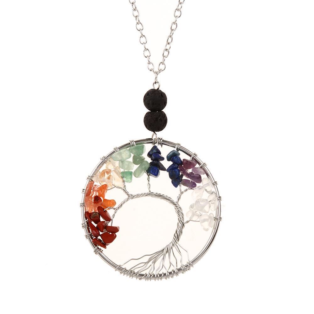 Natural Stone Agate Tree of Life Necklace with Crystal Volcanic Rock
