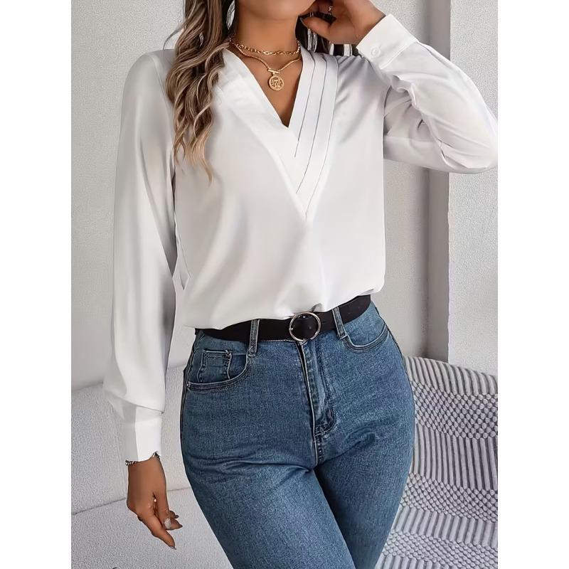 Womens Dressy Casual Shirts Long Sleeve Layered V Neck Solid Elagant Tops Fall Winter Preppy Business Office Blouse