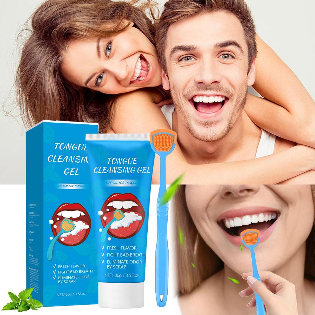 Probiotický gelový set na čištění jazyka (s kartáčkem pro ústní hygienu) Gel na čištění jazyka pro dospělé, škrabka na zápach z úst, gel na čištění jazyka (1 ks)