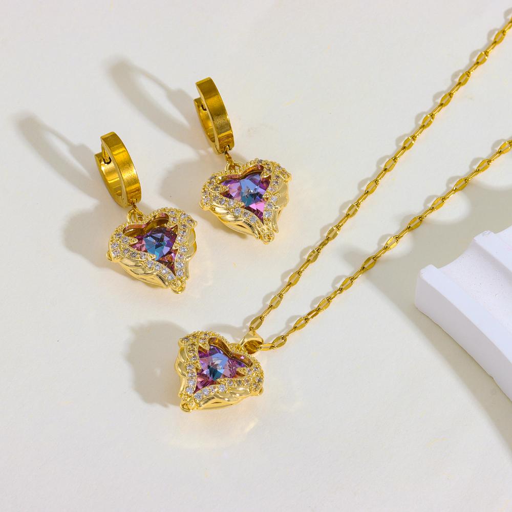 Top Luxury Colorful Crystal Ocean Heart Necklace Earrings For Women Trendy Stainless Steel Jewelry Set Female Wedding Neck Chain