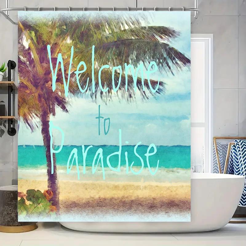 

Welcome Beach Shower Curtain Palm Tree Print For Bathroom Decor W60H190(CM)-1 Pcs