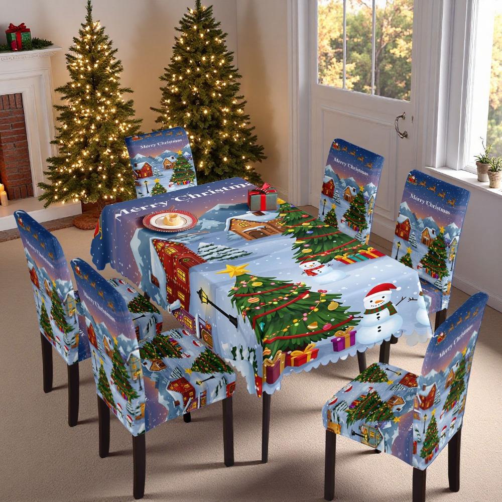 Christmas Santa Print Waterproof Polyester Tablecloth and Chair Covers Set for Dining Room