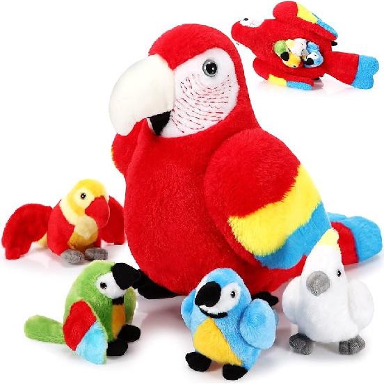 Meooeck 5 Pcs Macaw Parrot Plush Set 13 Inch Mommy Parrot Stuffed Animal with 4 Cute Plush Baby In Her Belly Soft Cuddly Bird for Toddlers Valentines
