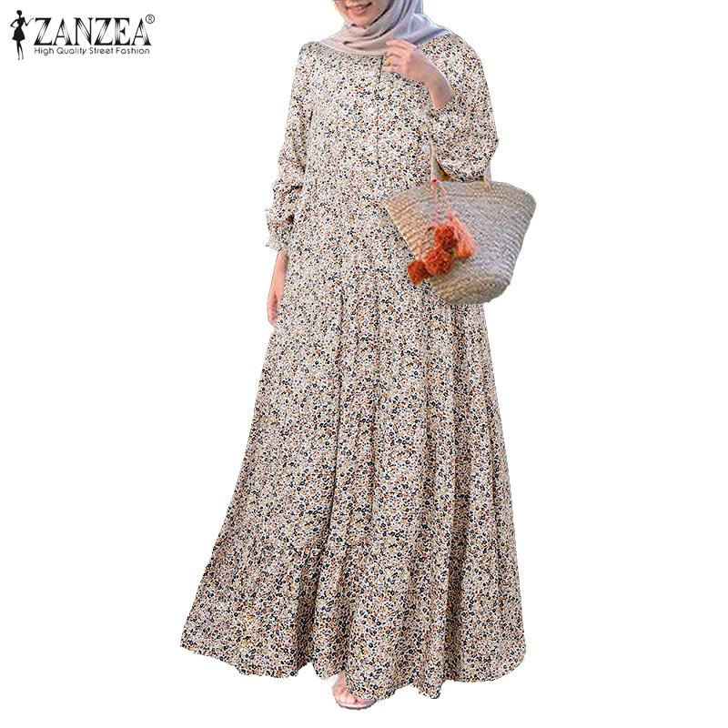 ZANZEA Damen Lässig Rundhals Locker Langarm Blumenmuster Kleid