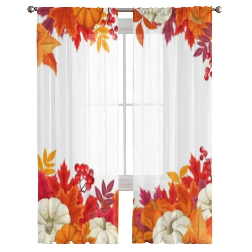 Pumpkins And Colorful Autumn Leaves Sheer Curtains For Living Room Bedroom Kitchen Tulle Curtain Home Decorative Sheer Panels