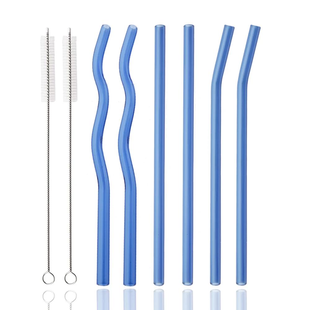 8Pcs 200*8mm Glass Straws Wavy Pink Drinking Straw Set with Brush High Borosilicate Glass Straw Kitchen Party Bar Drinkware
