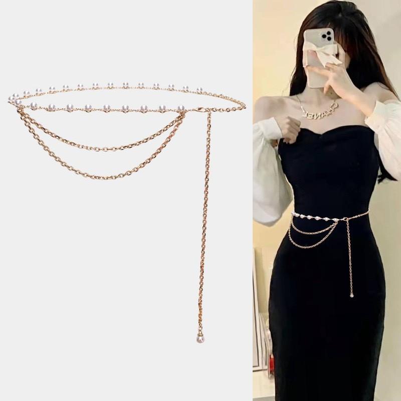 Pearl Embellished Metal Waist Belt With Single Loop For Young Women Summer And Winter Wear