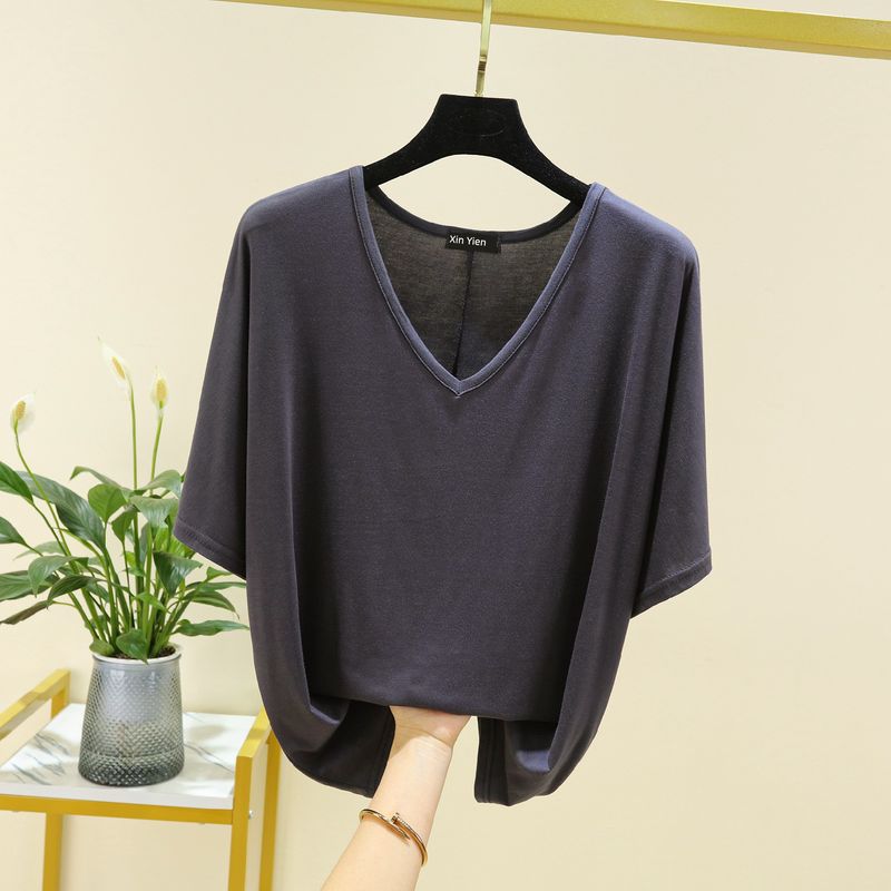 

Modal V Neck Short Sleeve Women s Summer Plus Size Loose Slim Looking Tops Pure Color Inner Wear T-shirt Thin Casual Bottoming Shirt Iron Gray XL (65.00 kg-75.00 kg recommended