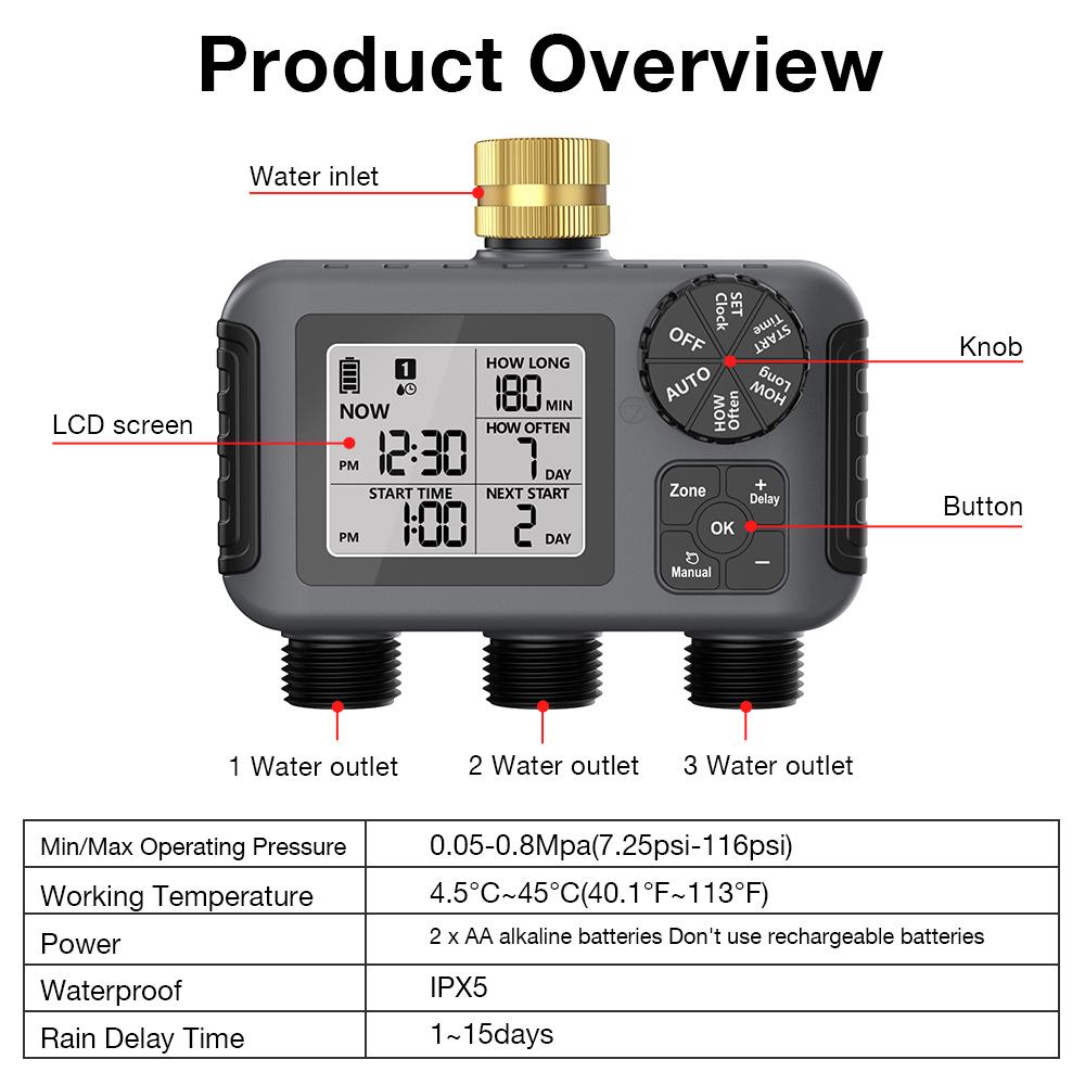 3 Outlets Digital Water Timer Automatic Irrigation Watering System Timing Controller Timed Water Valve for Garden Planting